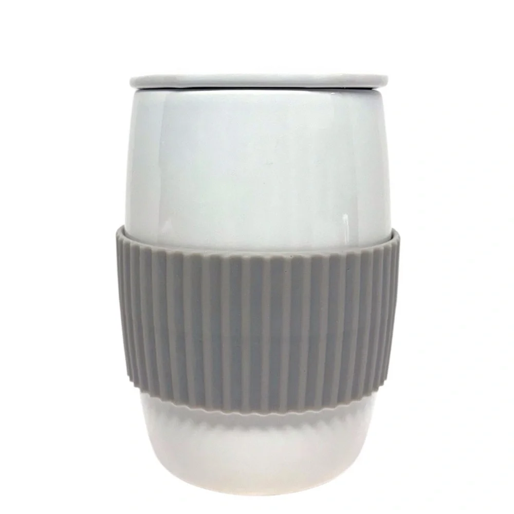 Pampered Chef Microwave Egg Cooker White Ceramic Mug with Gray Silicone Grip EUC